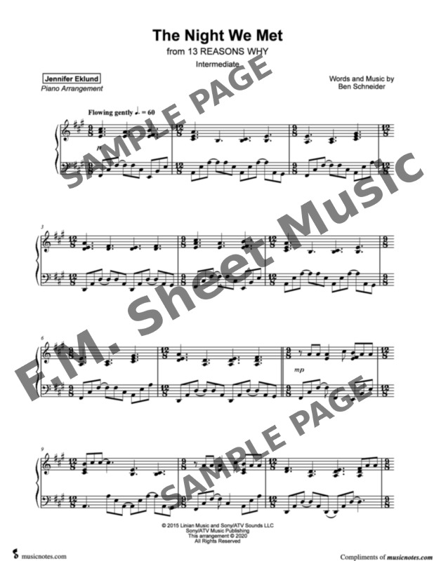 The Night We Met Intermediate Piano By Lord Huron Fm Sheet Music Pop Arrangements By
